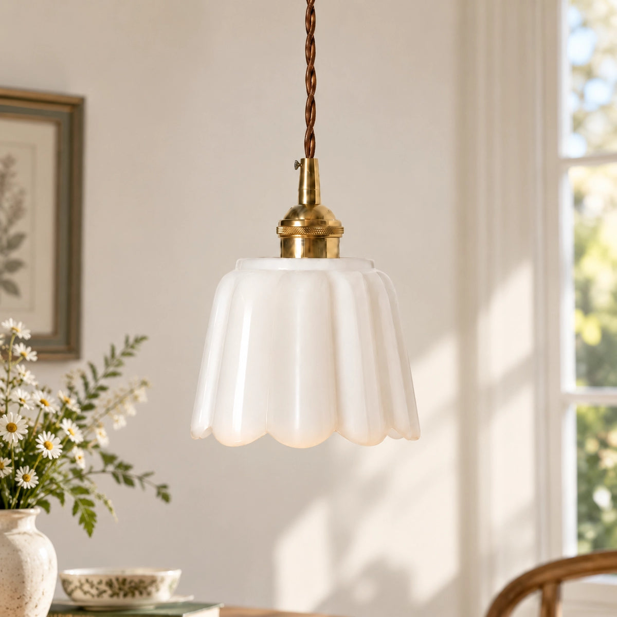 Country Scalloped Ceramic Flower Pendant Light
