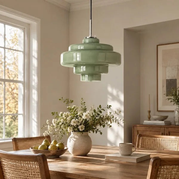 Coloured glass pendant bringing an installation-inspired focal point to a real dining room