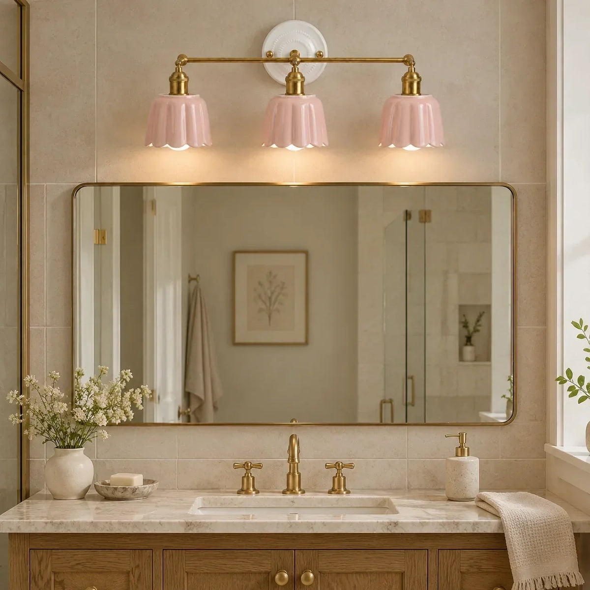 Three-light pink porcelain bathroom light centred above a mirror
