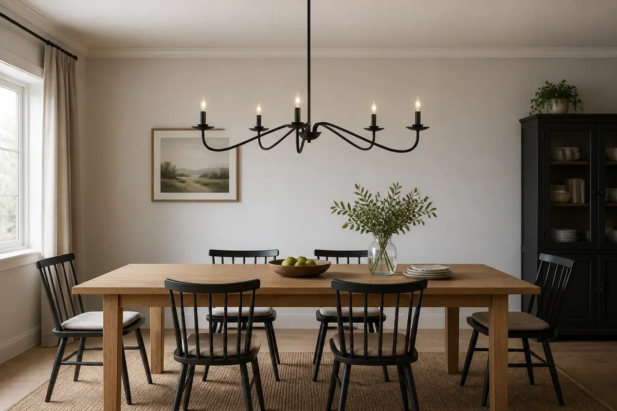 Black five-light chandelier centred above a long wooden dining table