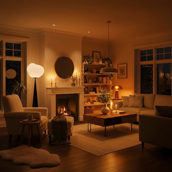 A beautifully lit living room where every corner is utilized with warm light, including a Nordic Lava Floor Lamp in a formerly dark corner.