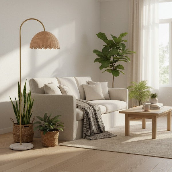 A professional interior shot of a Minimalist Boho Natural Rattan Floor Lamp in a modern living room.
