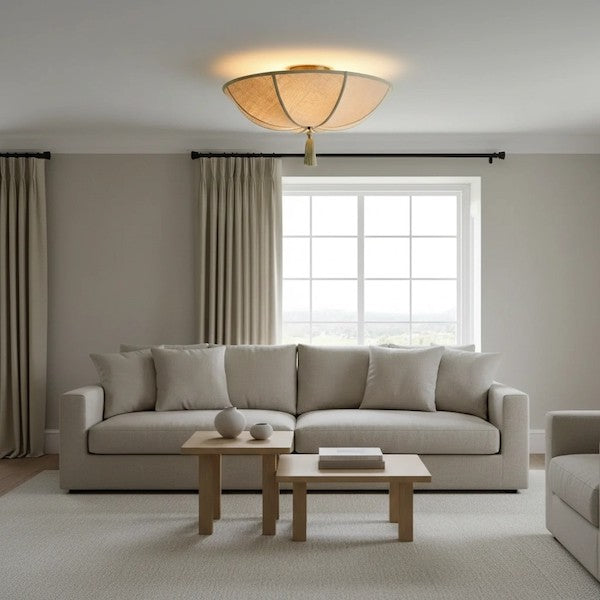 A high-end modern living room featuring the Modern Decorative Textured Fabric Ceiling Light as the central design element.