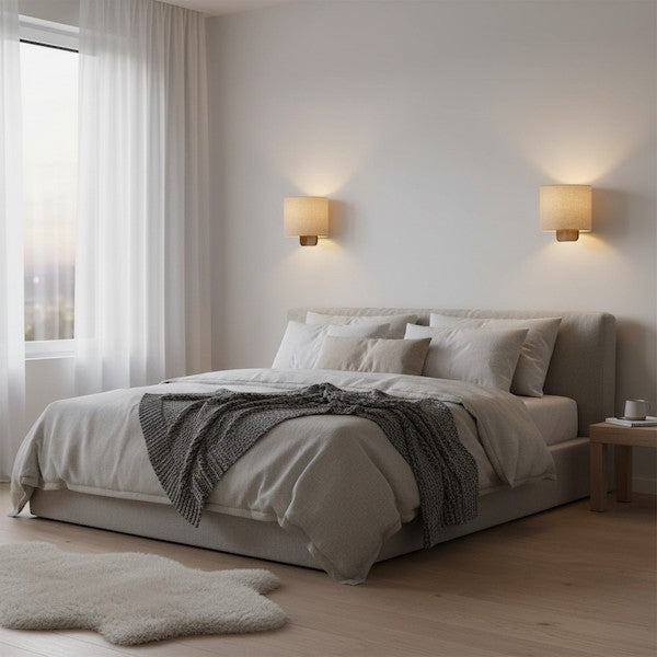 A cozy Nordic bedroom with warm wall sconce lighting and soft linen textures.