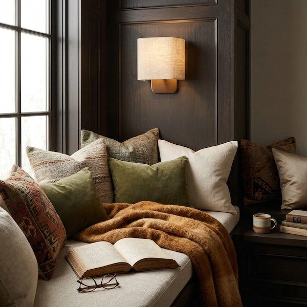 Creative lighting setup for a cozy bedroom reading corner.