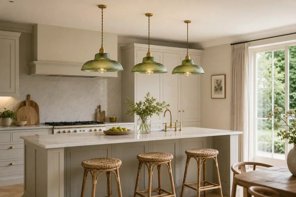 Green ribbed glass pendant lights arranged above a British kitchen island