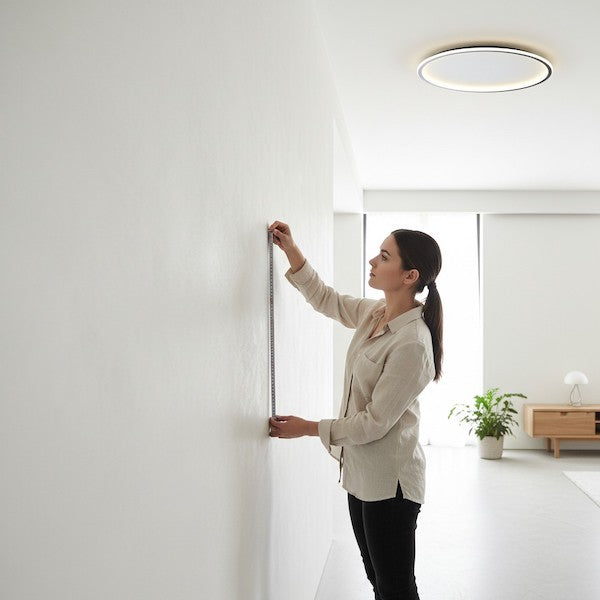 The interior scene is clean and modern. In the picture, someone is measuring the room with a tape measure, and above is a minimalist ceiling light.