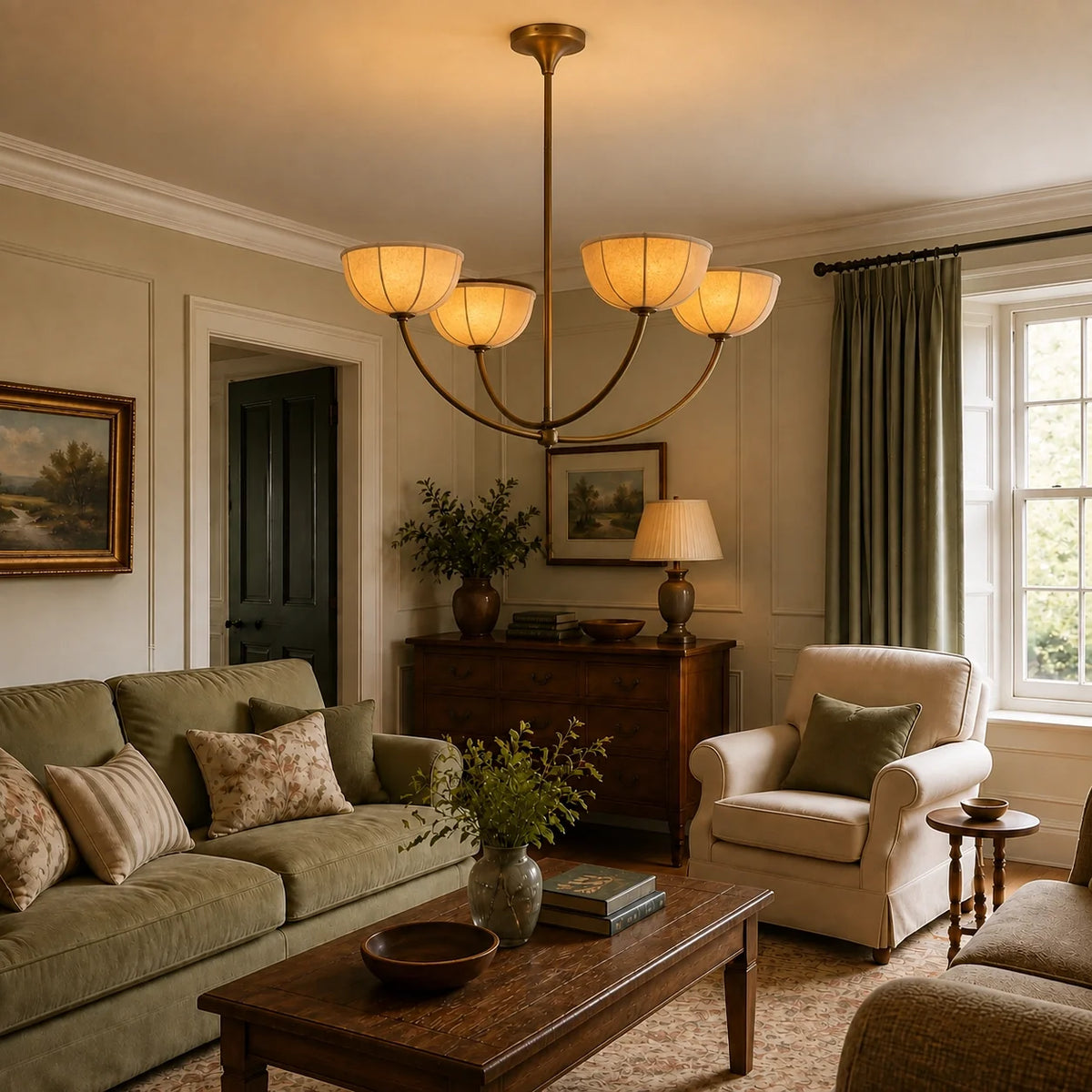 Brass four-light chandelier in a warm English living room
