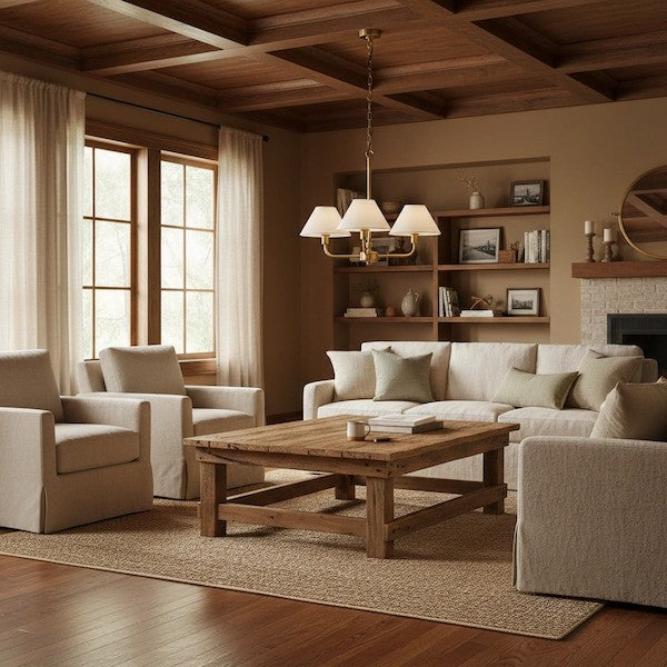 A sophisticated living room with a Vintage Fabric Iron 3 Arm Pendant Light centered over the coffee table, complemented by floor lamps and natural light.