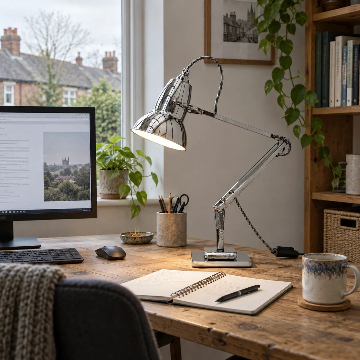 Adjustable swing arm desk lamp beside a computer workspace in an ordinary UK home office