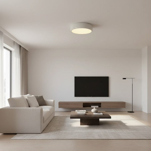 A bright, airy minimalist living room featuring clean lines and a modern ceiling light.