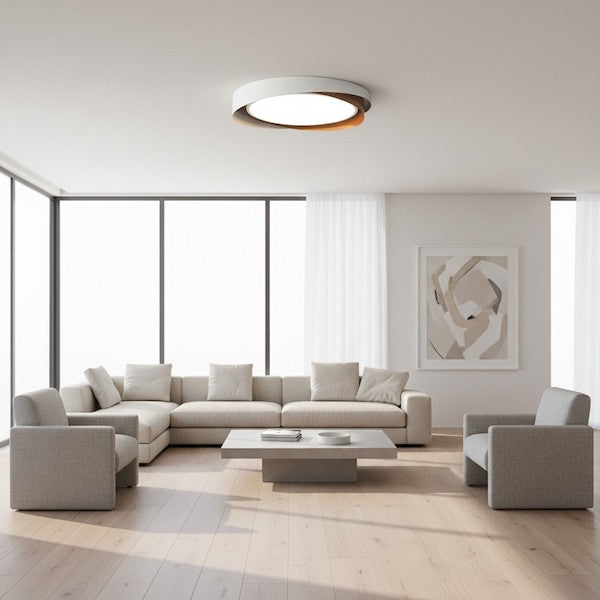A Modern Double Ring LED Ceiling Light illuminating a luxury minimalist living room.