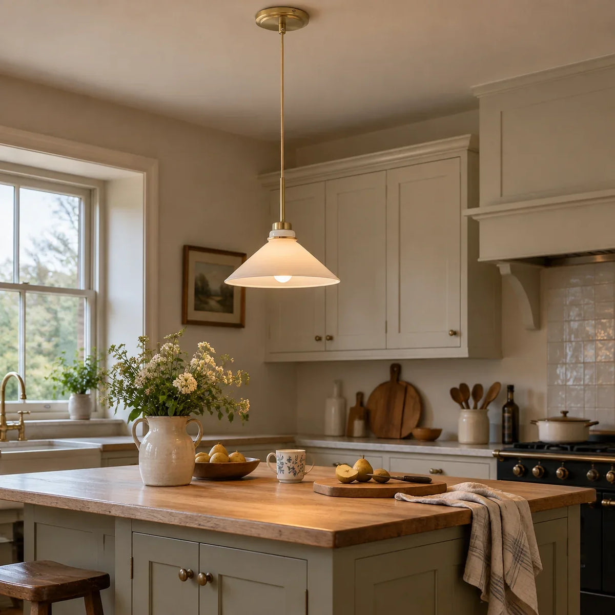 Single milk glass cone pendant in a lived-in British farmhouse kitchen