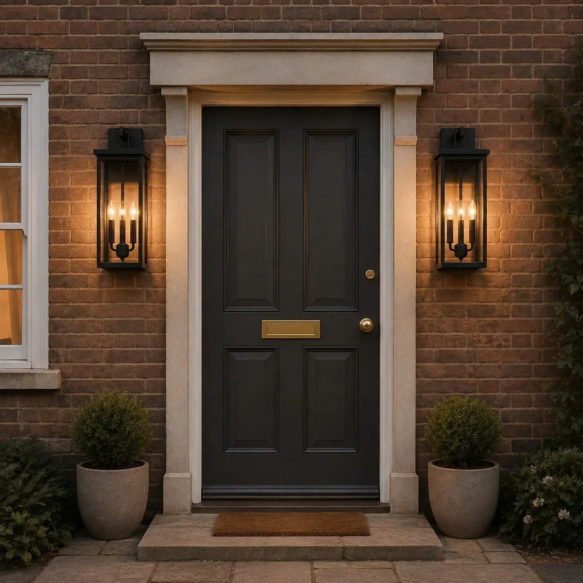 Paired black outdoor wall lanterns beside a British front door