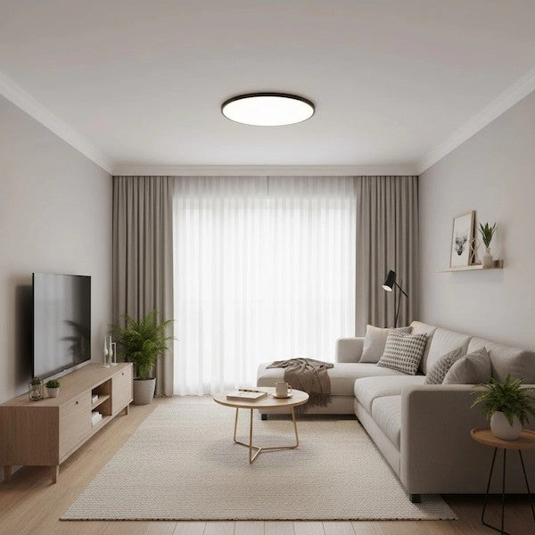 A modern small living room featuring a 30cm round LED ceiling light for optimal ambient lighting.