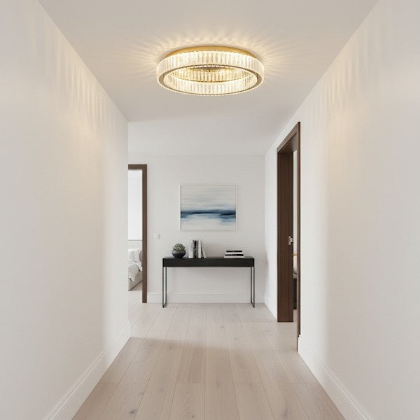 A chic, small modern apartment hallway featuring the 39.8cm Modern Light Luxury Crystal Round Ceiling Light illuminating the space with a warm, shimmering glow.