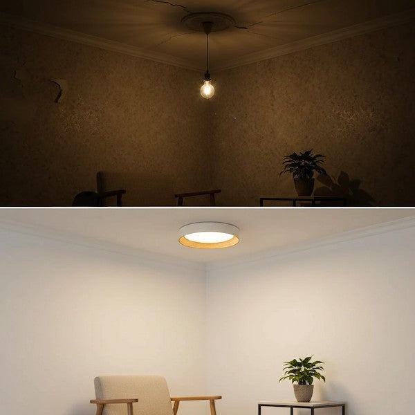 A side-by-side visualization showing the difference between a harsh framed light and the soft, even glow of a frameless LED ceiling light.