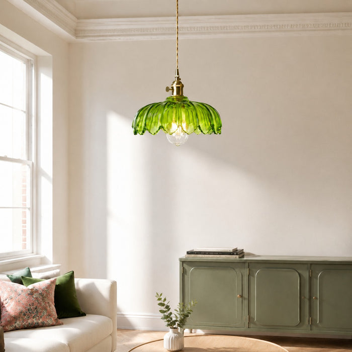 Vintage Green Glass Flower Scalloped Kitchen Island Pendant Light