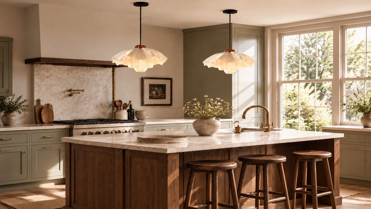 Two sculptural flower pendant lights above a modern kitchen island