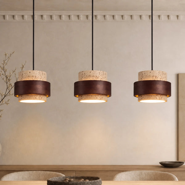 Natural Wooden Travertine Walnut Cylinder Pendant Light