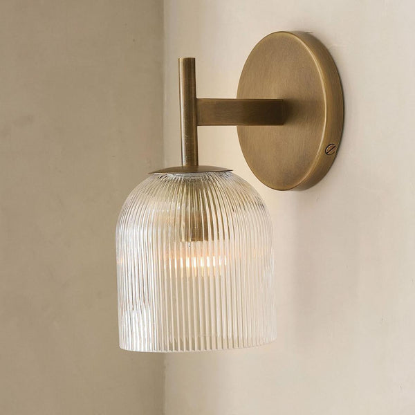 Vintage Ribbed Glass Brass Wall Sconce
