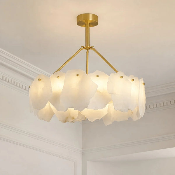 Elegant Brass Alabaster Chandelier – Layered Halo Pendant Light