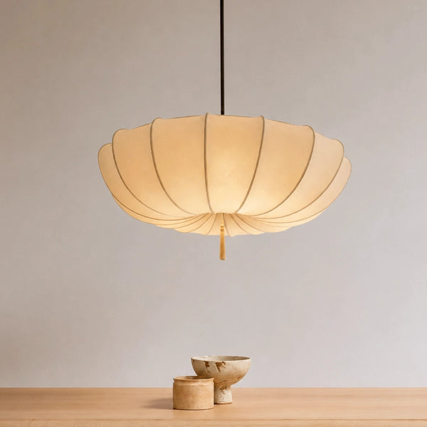 Modern Vintage Art Deco-Inspired Ivory Fabric Pendant Light