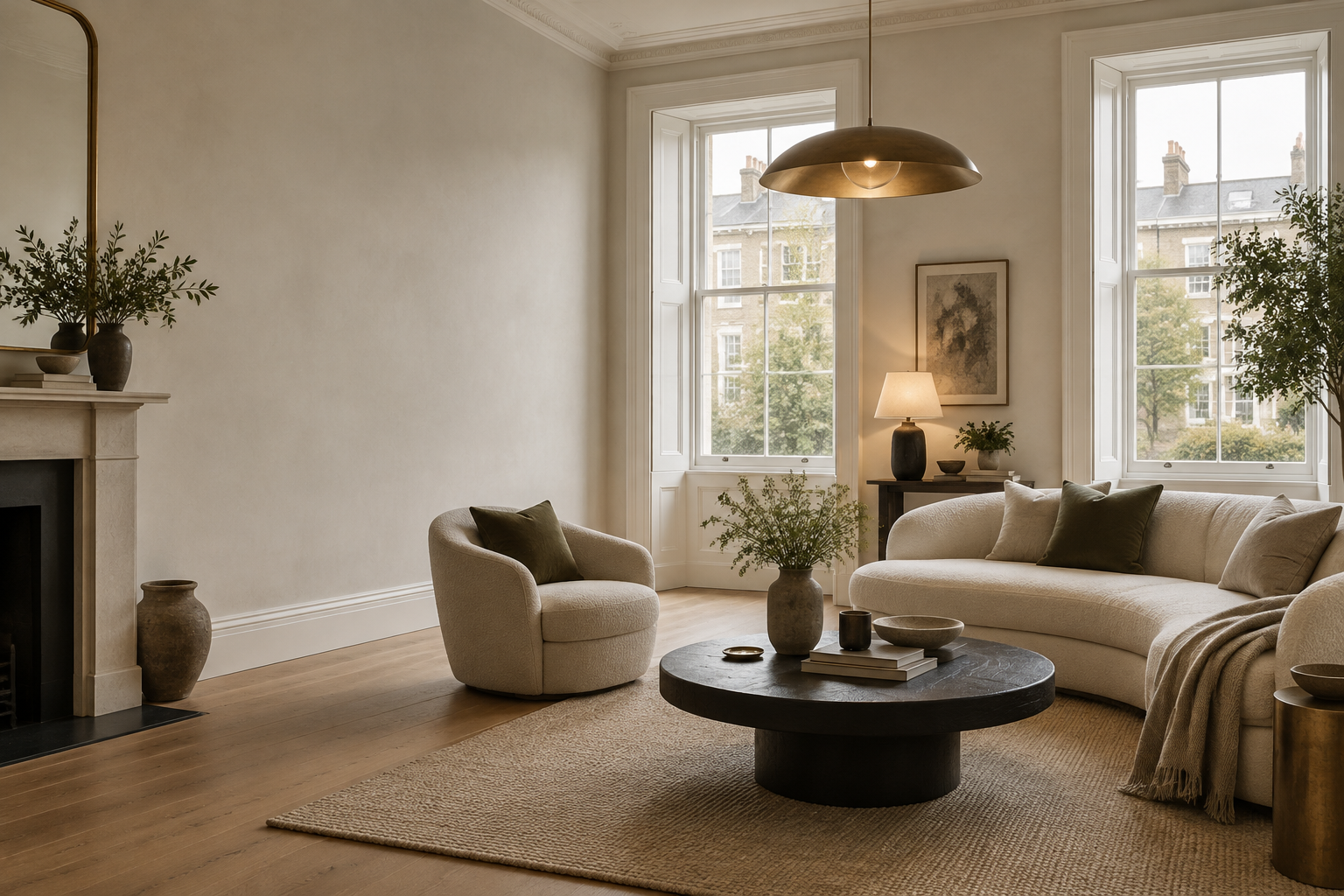 Modern British townhouse living room with a brass pendant light