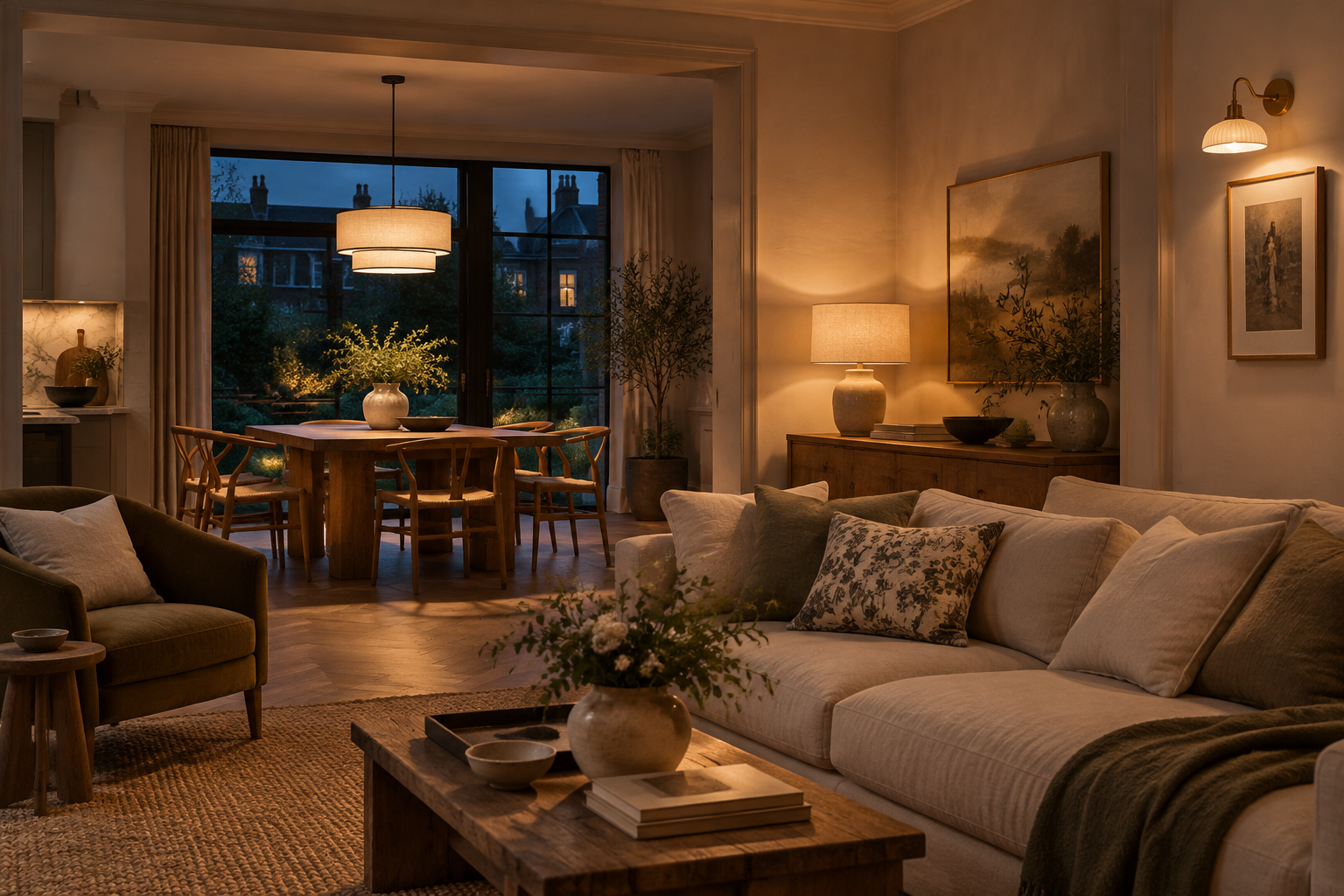 Modern British living and dining room with a pendant, table lamp and wall light