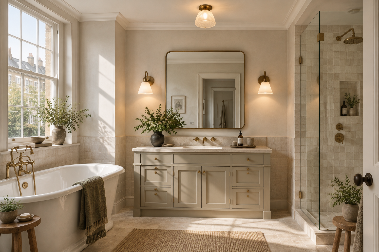 Twin vanity wall lights and ceiling light in a modern British bathroom