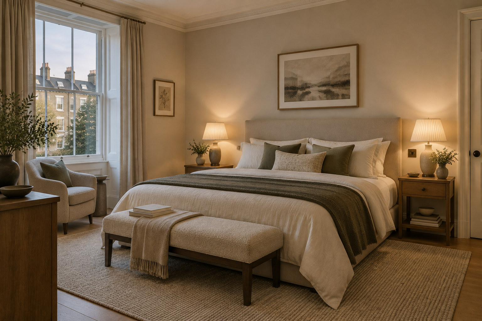 Matching bedside lamps in a calm modern British bedroom