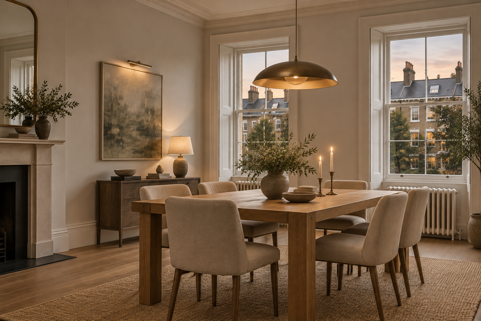 Pendant light over a dining table in a modern British townhouse