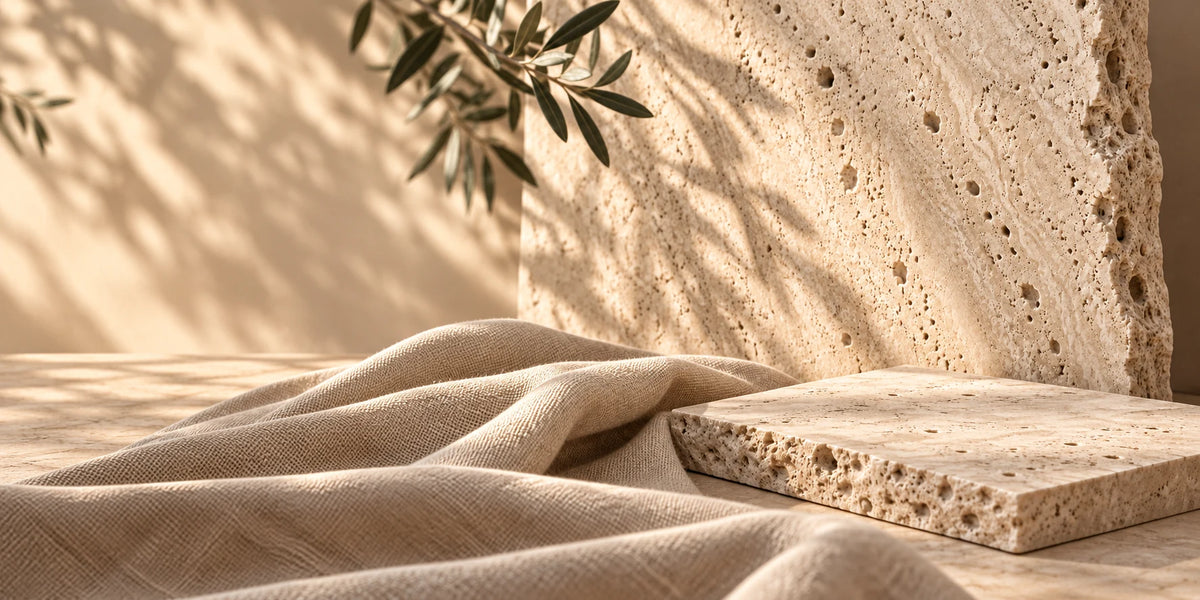 Sunlit travertine stone with natural pores, linen and olive leaves
