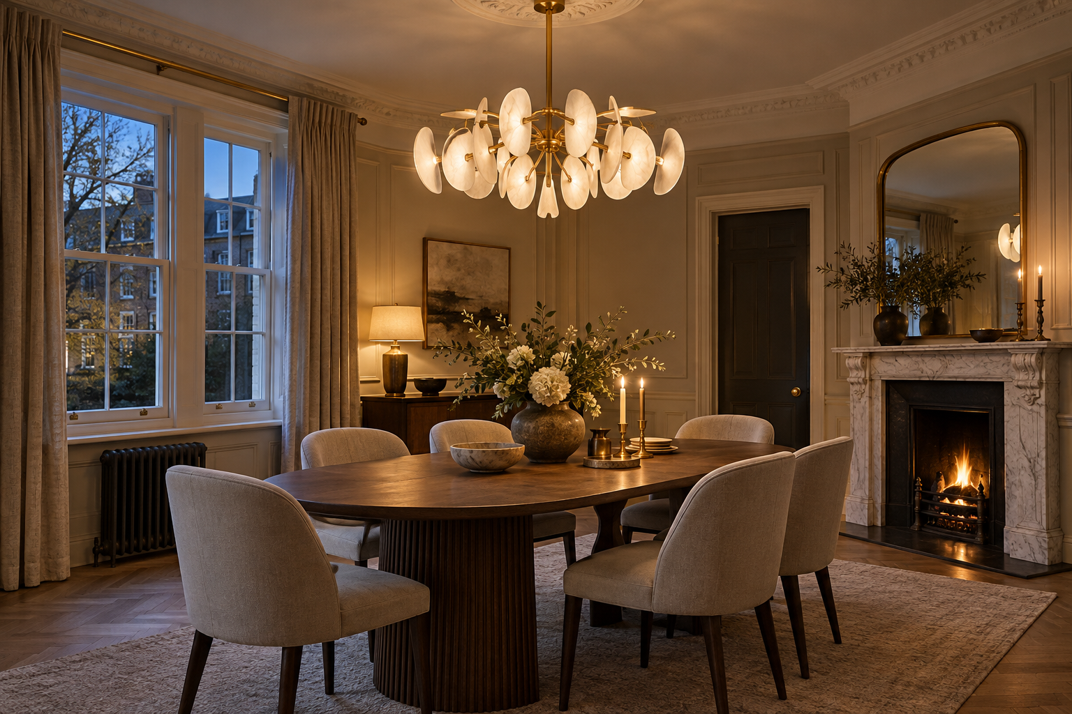 Chandelier above a dining table in a British home