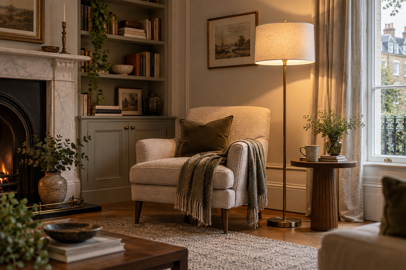 Floor lamp beside a reading chair in a British living room