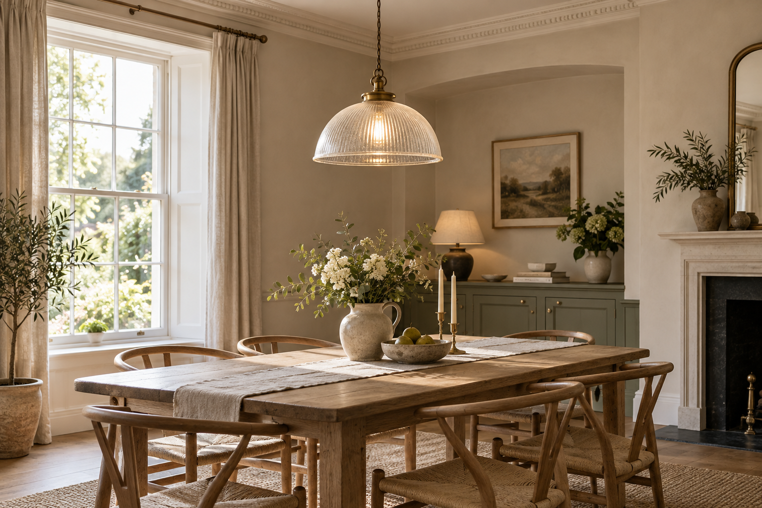 Pendant light above a dining table in a British home
