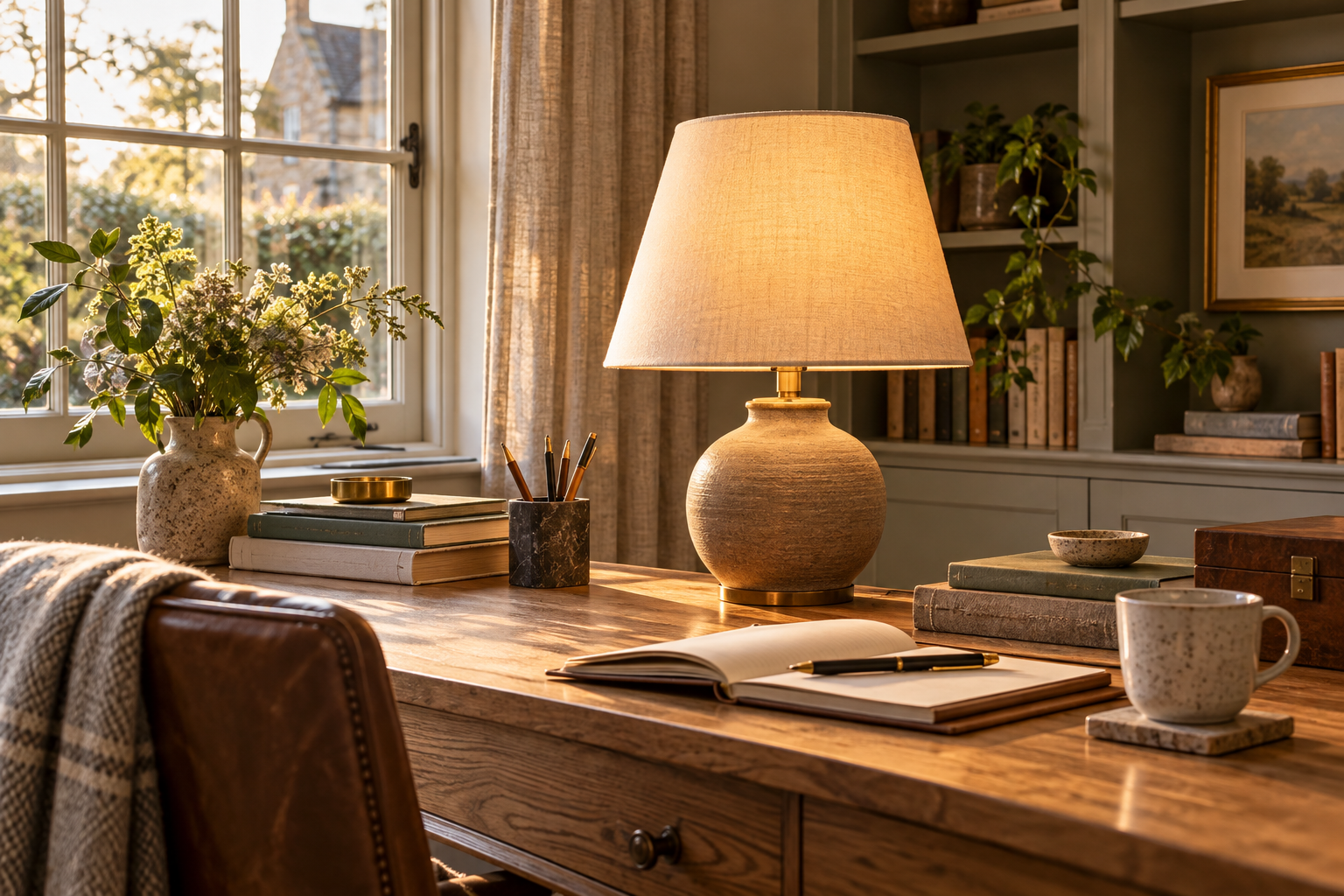 Table lamp on a writing desk in a British home