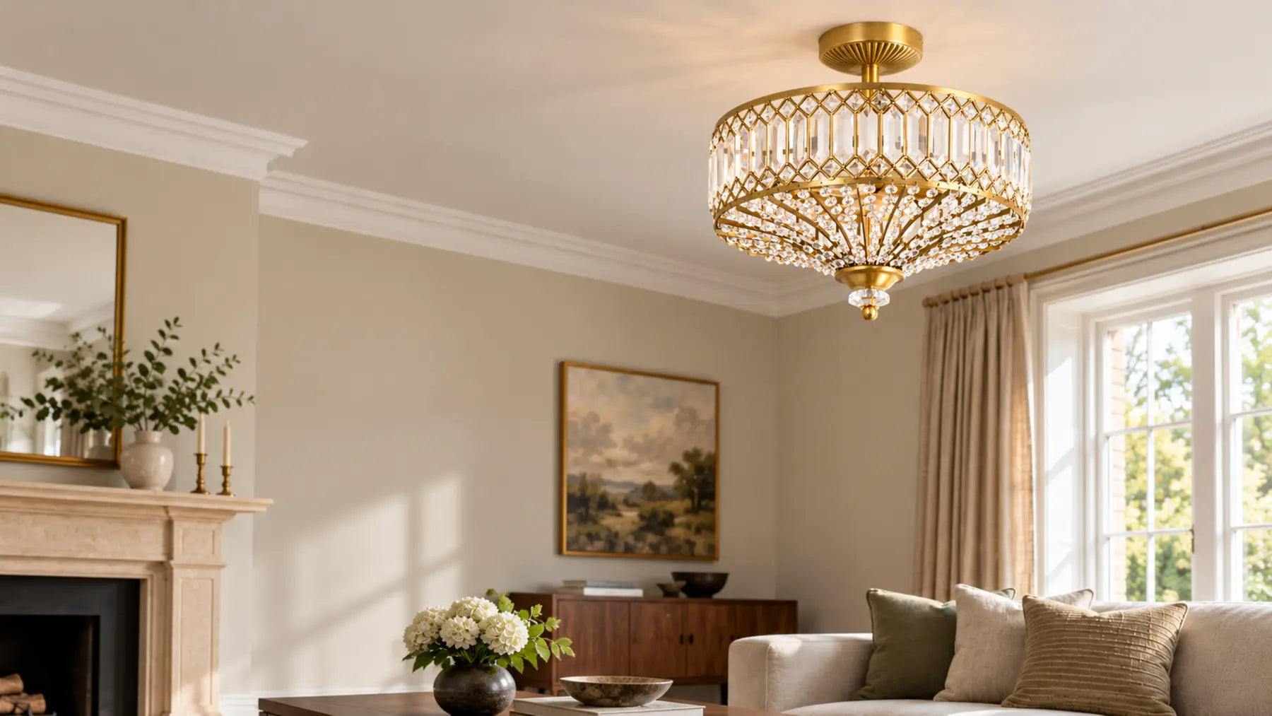 Gold crystal drum ceiling light in a modern British sitting room
